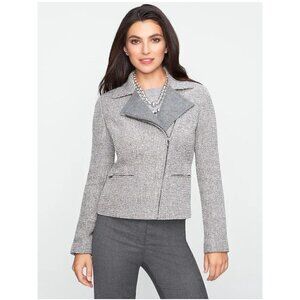 Talbots Cropped Tweed Julienne Metallic Wool Moto Jacket Grey Silver size 8